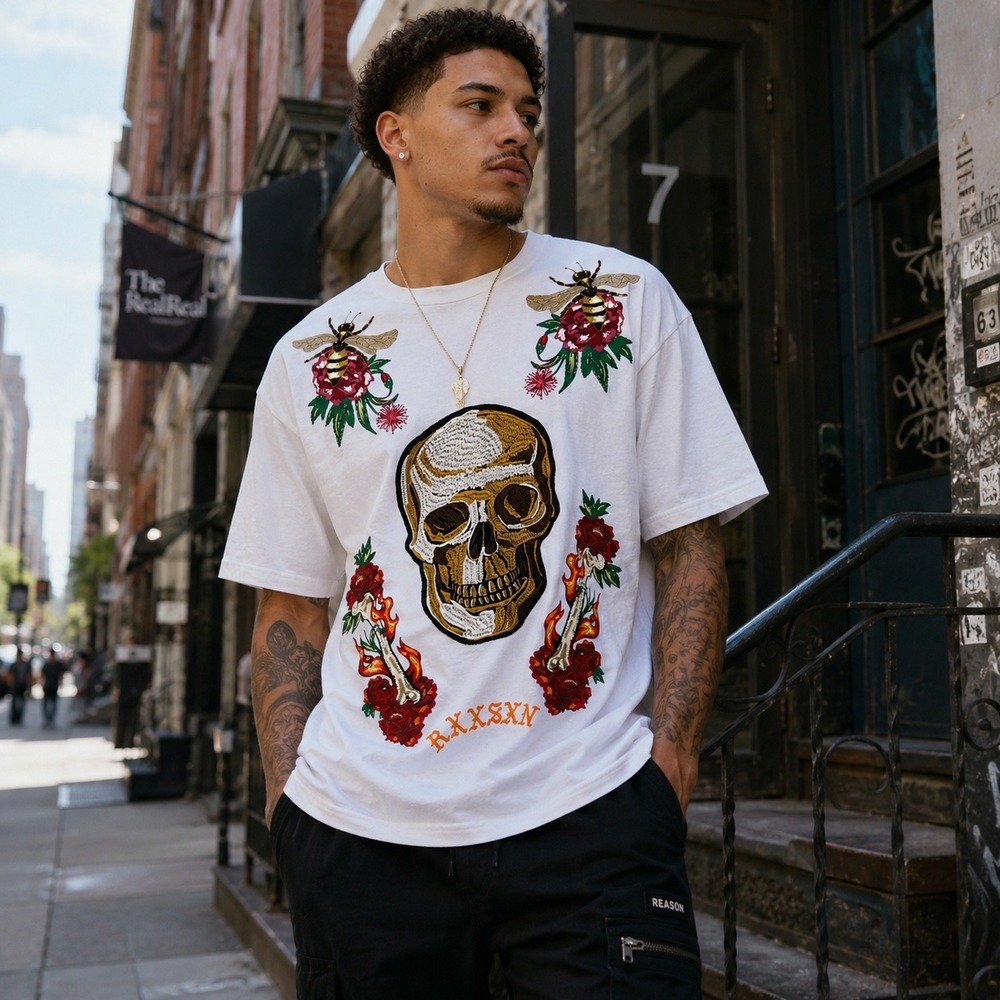 Reason Men's XXL Skull Bee Rose Graphic T Shirt White Embroidered Streetwear